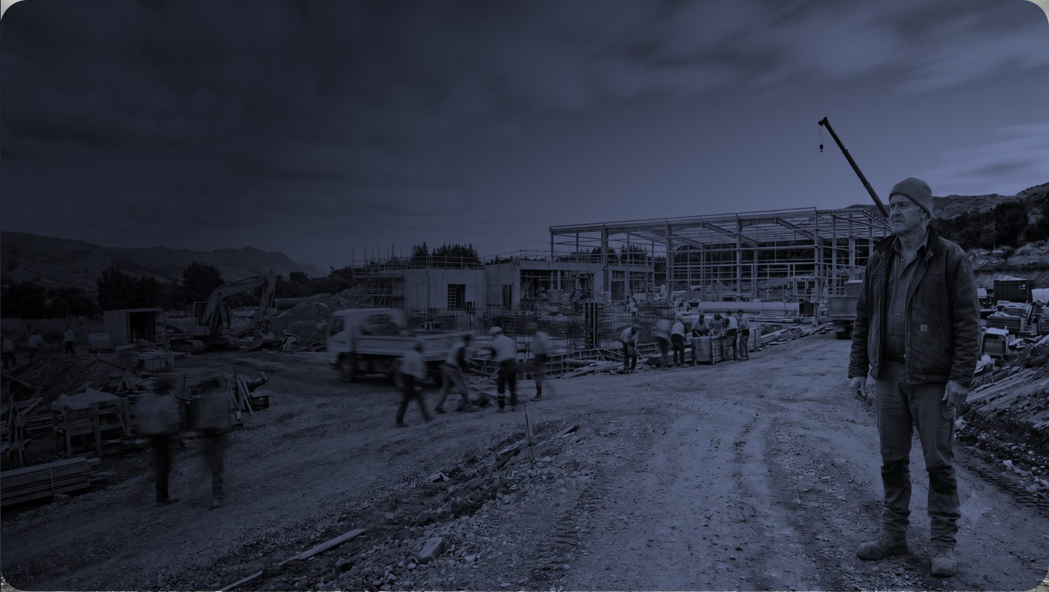 Builder on site in front of a steel-frame commercial build
