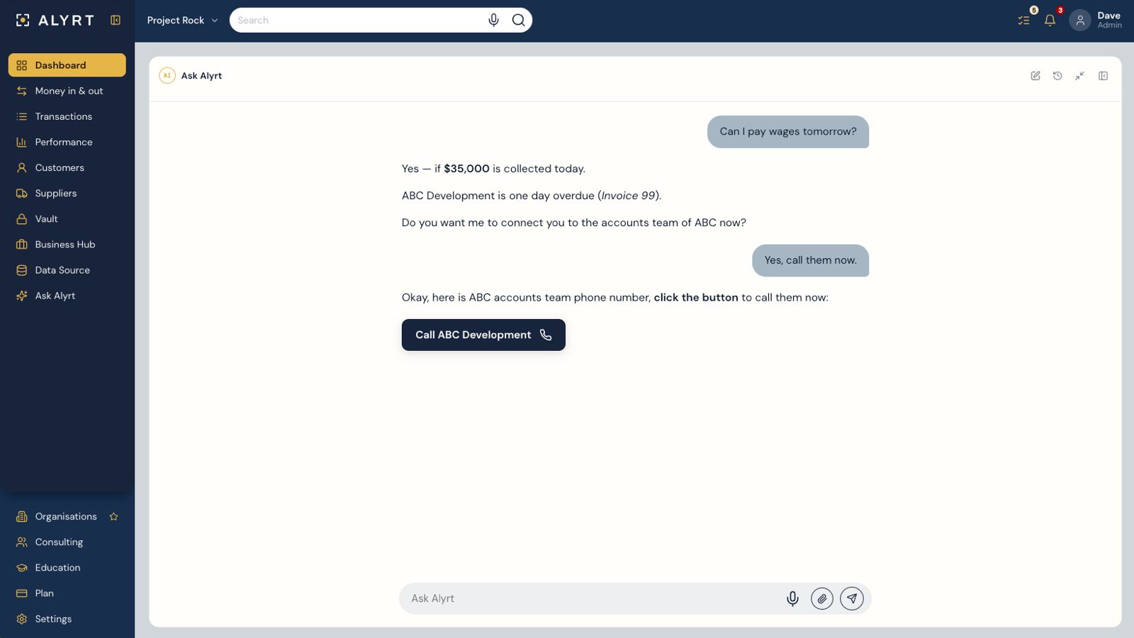 Ask Alyrt chat assistant answering whether wages can be paid tomorrow and offering to call an overdue customer